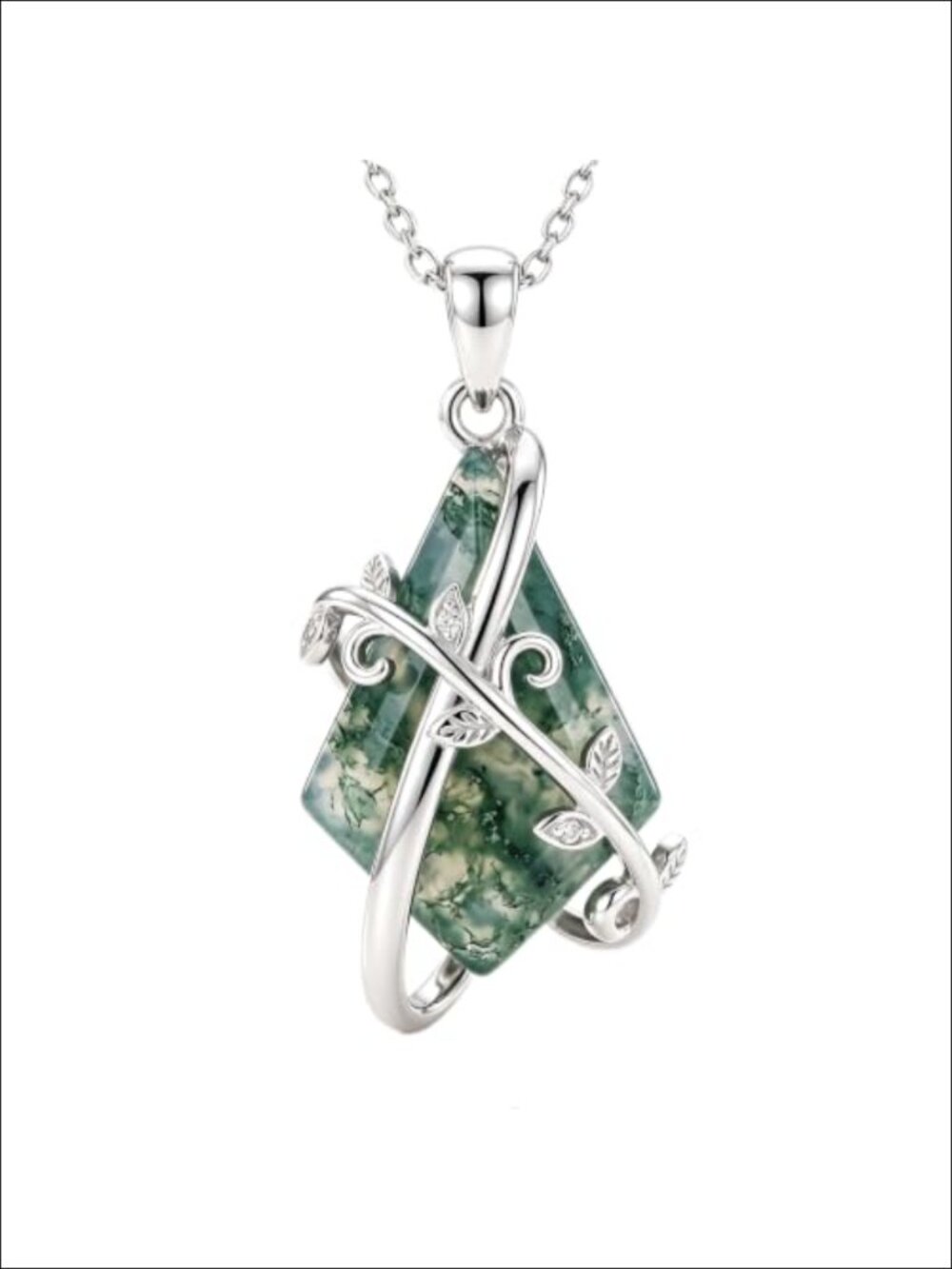 Moss Agate & Lab Grown Diamond Kite Pendant Necklace Sterling Silver Minimalist